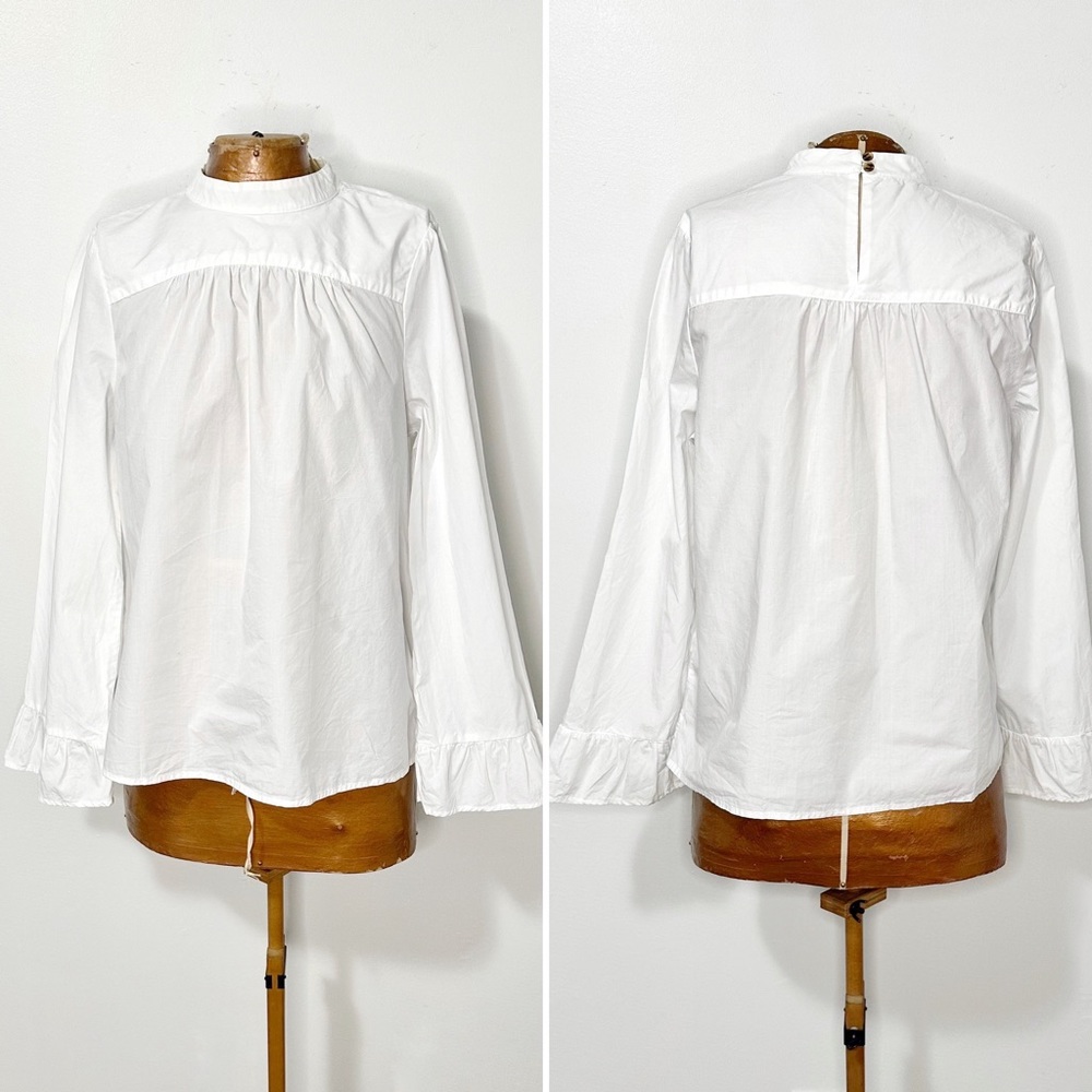 Anthropologie White Ruffle Cuff High-Neck Blouse